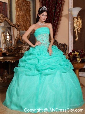 Turquoise Strapless Appliques Quinceanera Dress in Organza Fabric