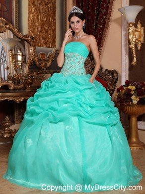 Turquoise Strapless Appliques Quinceanera Dress in Organza Fabric