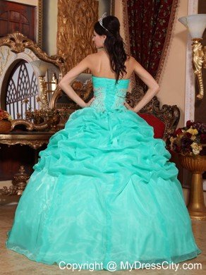 Turquoise Strapless Appliques Quinceanera Dress in Organza Fabric