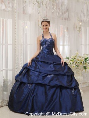 Beautiful Navy Blue Halter Taffeta Appliques Dress for Sweet 15