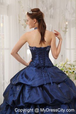 Beautiful Navy Blue Halter Taffeta Appliques Dress for Sweet 15