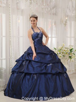 Beautiful Navy Blue Halter Taffeta Appliques Dress for Sweet 15