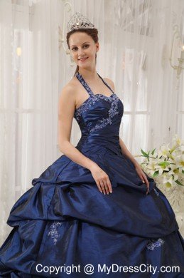 Beautiful Navy Blue Halter Taffeta Appliques Dress for Sweet 15