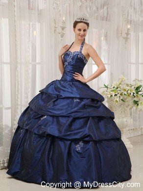 Beautiful Navy Blue Halter Taffeta Appliques Dress for Sweet 15