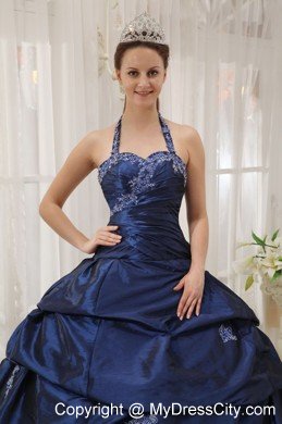 Beautiful Navy Blue Halter Taffeta Appliques Dress for Sweet 15