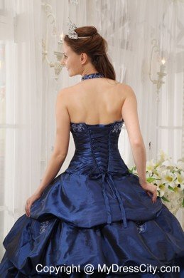 Beautiful Navy Blue Halter Taffeta Appliques Dress for Sweet 15