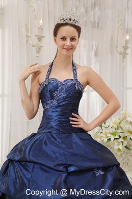 Beautiful Navy Blue Halter Taffeta Appliques Dress for Sweet 15