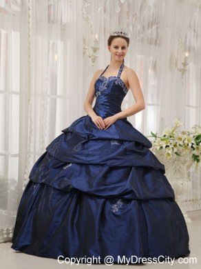 Beautiful Navy Blue Halter Taffeta Appliques Dress for Sweet 15