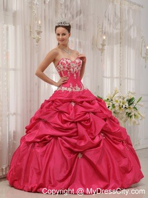 Sweetheart Taffeta Appliques Dress for Quince in Coral Red