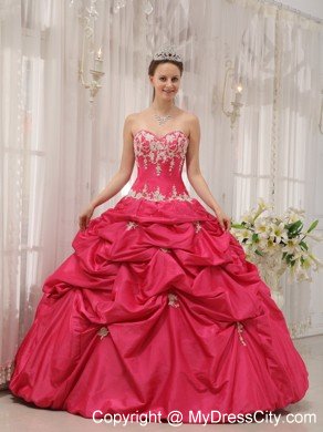 Sweetheart Taffeta Appliques Dress for Quince in Coral Red