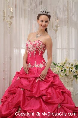 Sweetheart Taffeta Appliques Dress for Quince in Coral Red