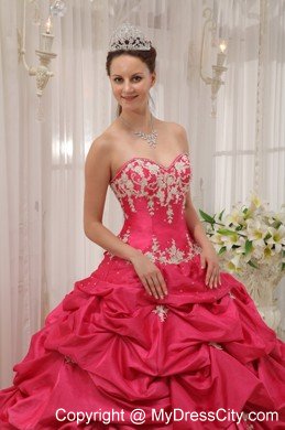 Sweetheart Taffeta Appliques Dress for Quince in Coral Red