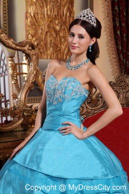 Taffeta Sweetheart Appliques Quinceanera Dress in Aqua Blue