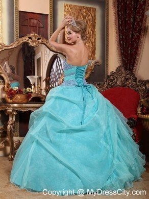 Baby Blue Organza Appliques and Ruches Quinceanera Dress