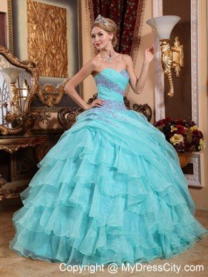 Baby Blue Organza Appliques and Ruches Quinceanera Dress