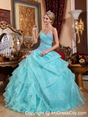 Baby Blue Organza Appliques and Ruches Quinceanera Dress