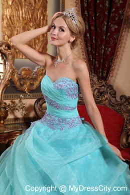 Baby Blue Organza Appliques and Ruches Quinceanera Dress