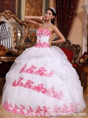 White Sweetheart Organza Quinceanera Dress with Pink Appliques