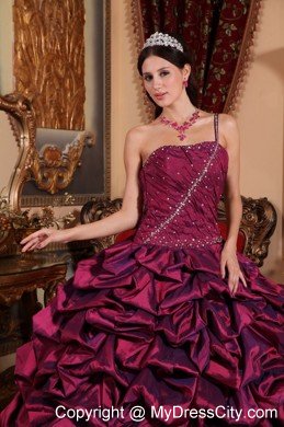 One Shoulder Burgundy Colored Taffeta Pick-ups Quinceanera Dress