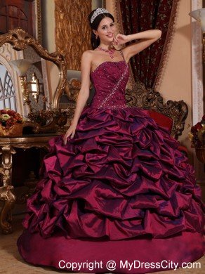 One Shoulder Burgundy Colored Taffeta Pick-ups Quinceanera Dress