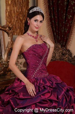 One Shoulder Burgundy Colored Taffeta Pick-ups Quinceanera Dress