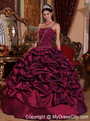 One Shoulder Burgundy Colored Taffeta Pick-ups Quinceanera Dress