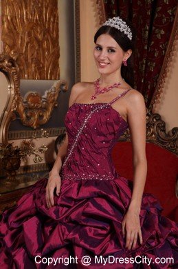 One Shoulder Burgundy Colored Taffeta Pick-ups Quinceanera Dress