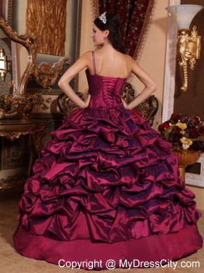 One Shoulder Burgundy Colored Taffeta Pick-ups Quinceanera Dress