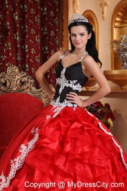 Cheap Red and Black V-neck Appliques Sweet Sixteen Dresses