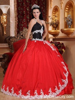 Cheap Red and Black V-neck Appliques Sweet Sixteen Dresses