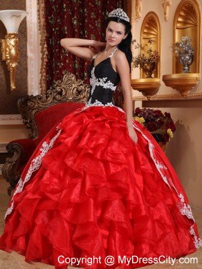 Cheap Red and Black V-neck Appliques Sweet Sixteen Dresses