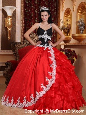 Cheap Red and Black V-neck Appliques Sweet Sixteen Dresses