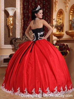 Cheap Red and Black V-neck Appliques Sweet Sixteen Dresses