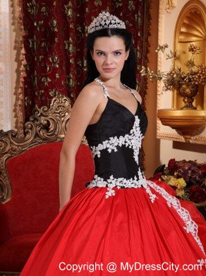 Cheap Red and Black V-neck Appliques Sweet Sixteen Dresses