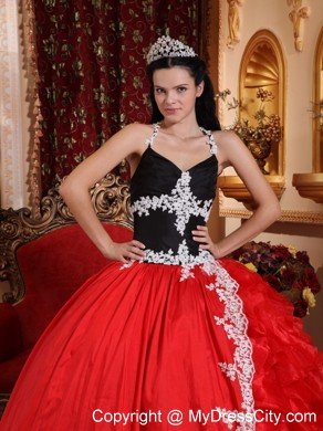 Cheap Red and Black V-neck Appliques Sweet Sixteen Dresses