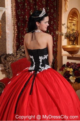 Cheap Red and Black V-neck Appliques Sweet Sixteen Dresses