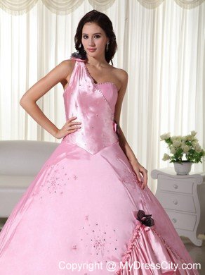 Baby Pink Taffeta One Shoulder Quinceanera Dress with Beading