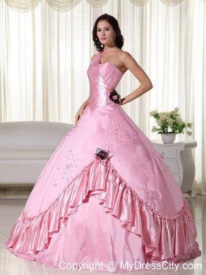 Baby Pink Taffeta One Shoulder Quinceanera Dress with Beading