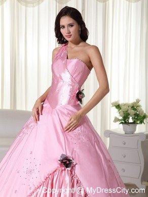 Baby Pink Taffeta One Shoulder Quinceanera Dress with Beading