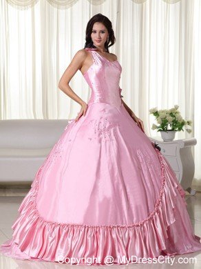 Baby Pink Taffeta One Shoulder Quinceanera Dress with Beading