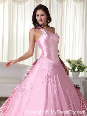 Baby Pink Taffeta One Shoulder Quinceanera Dress with Beading