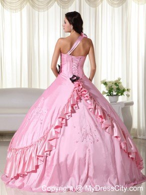 Baby Pink Taffeta One Shoulder Quinceanera Dress with Beading