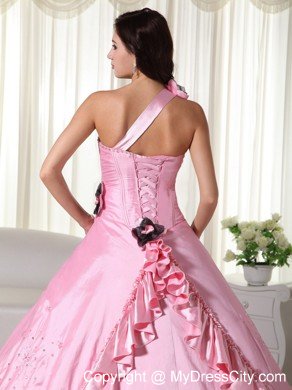 Baby Pink Taffeta One Shoulder Quinceanera Dress with Beading