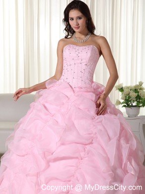 Fabulous Pink Strapless Organza Beading Quinceanera Dress