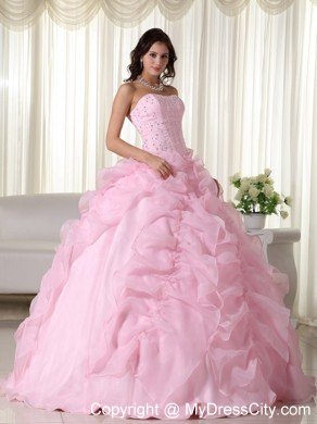 Fabulous Pink Strapless Organza Beading Quinceanera Dress