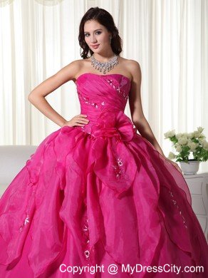 Strapless Organza Appliques Fuchsia Colored Quinceanera Dress