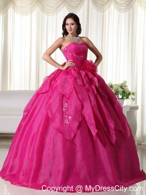 Strapless Organza Appliques Fuchsia Colored Quinceanera Dress