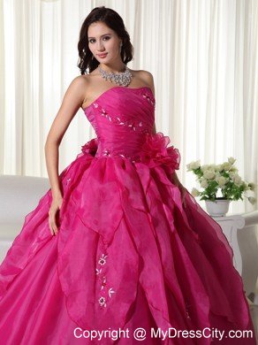 Strapless Organza Appliques Fuchsia Colored Quinceanera Dress