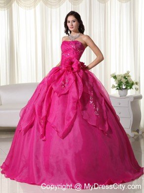 Strapless Organza Appliques Fuchsia Colored Quinceanera Dress