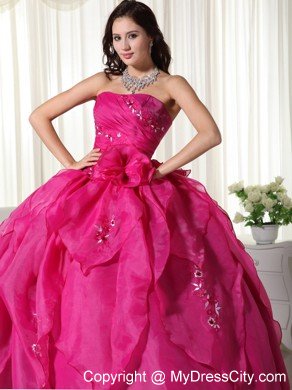 Strapless Organza Appliques Fuchsia Colored Quinceanera Dress